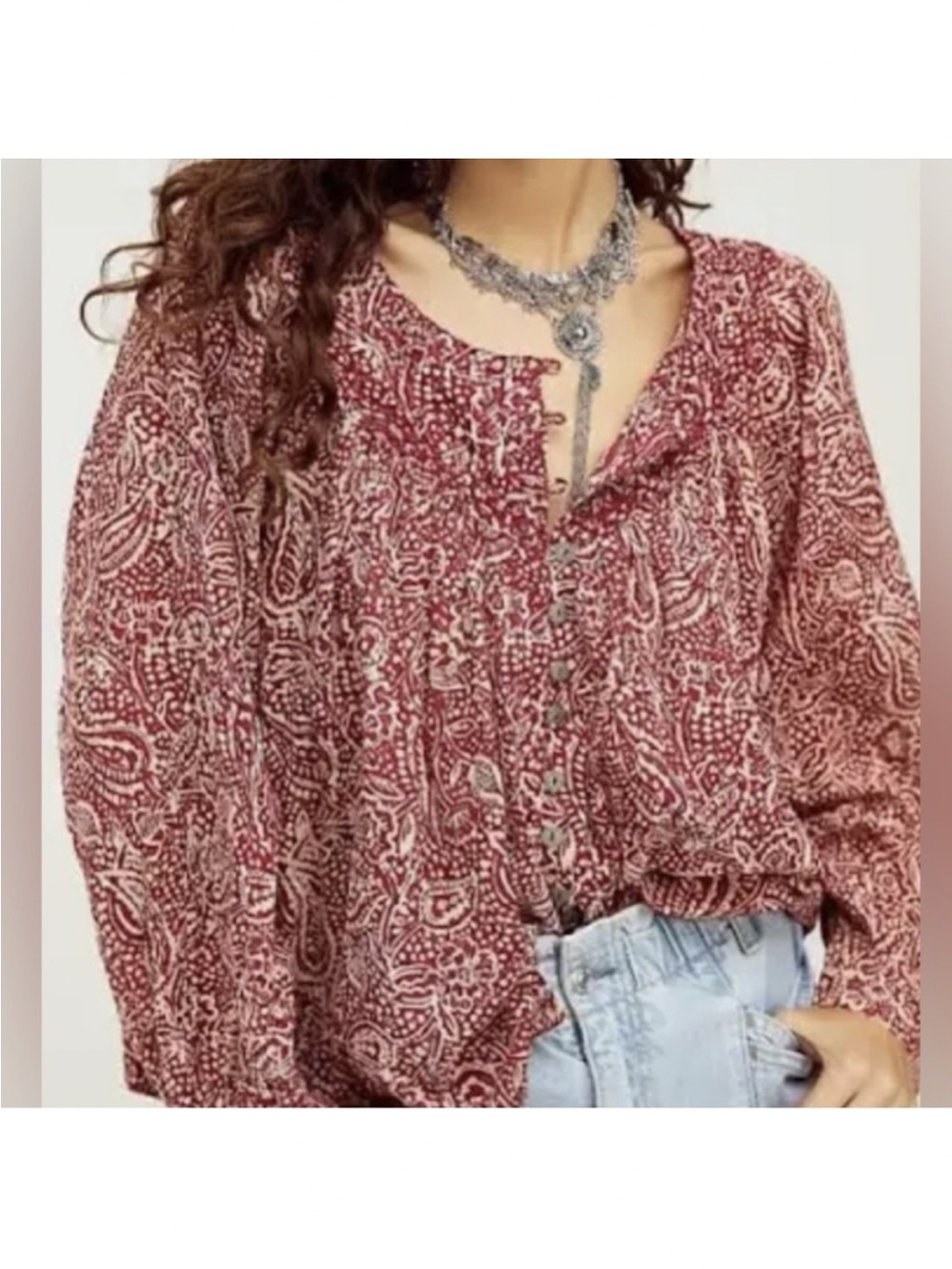 Free People Red and White Paisley Button Down Babydoll
Blouse size M